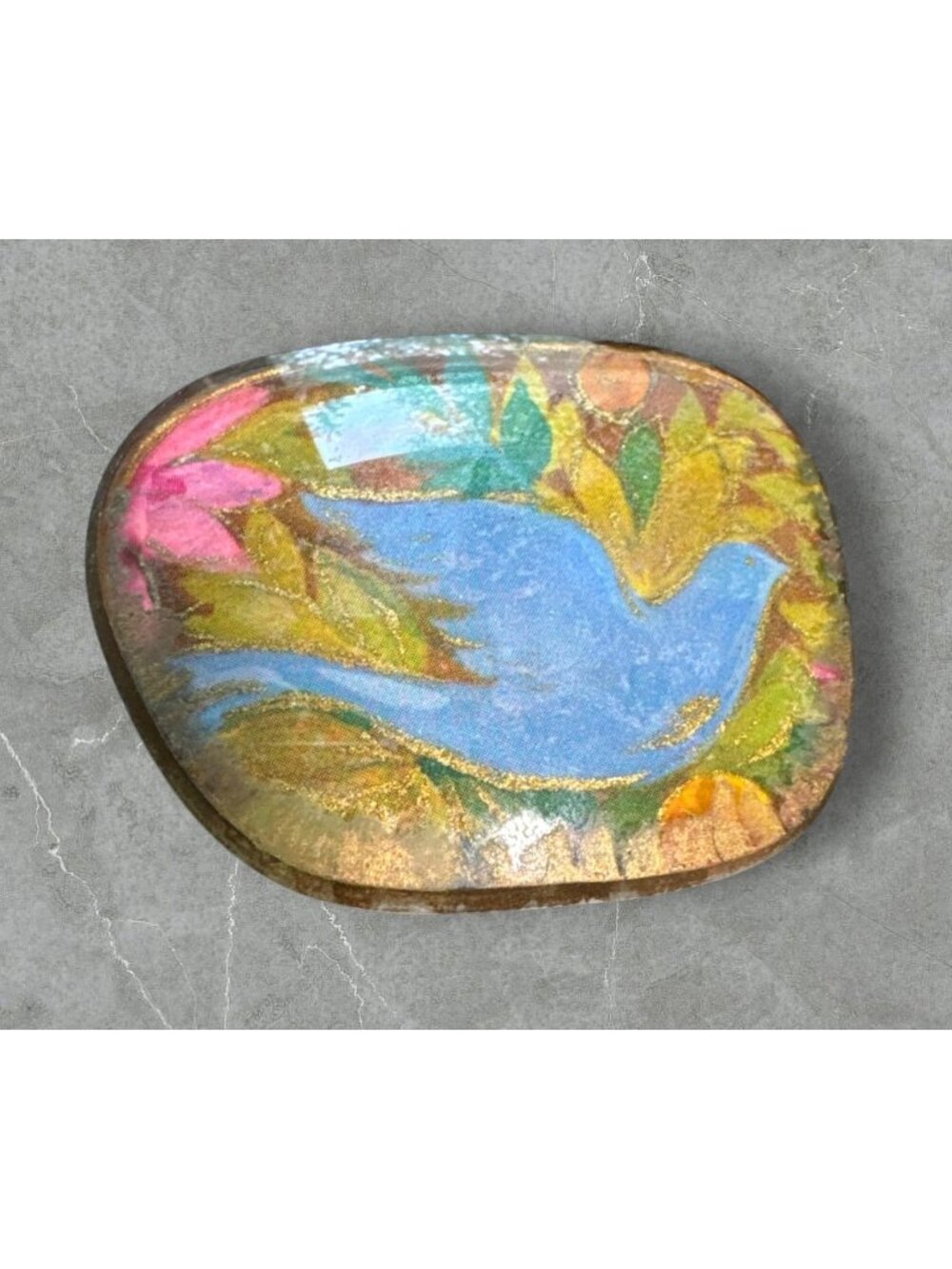 Hand-Painted Blue Bird & Floral Brooch With Gold-Tone Backing - 1.5 Inches - Uni